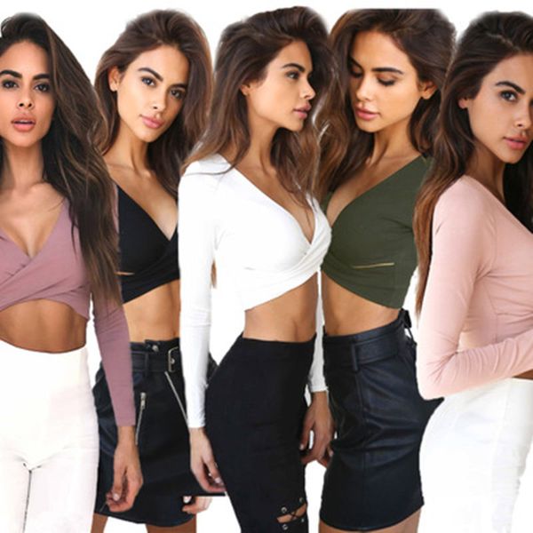 

blackday trend cross v-neck crop women slim t-shirt black white purple long sleeve t shirt