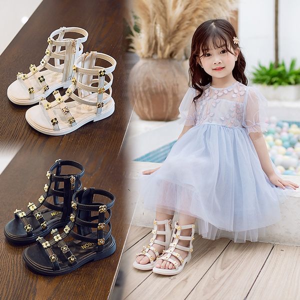 

2020 and shoes and boots children's sandals korean style girls high-long high-tube roman shoes boots rivet hollow fashion sandals, Black;red