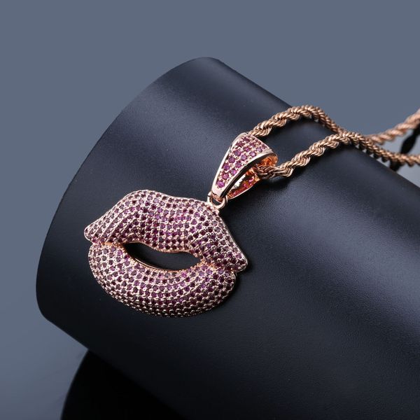 

purple cubic zirconia paved bling iced out red lips pendants necklace for men hip hop fashion rapper jewelry gifts, Silver