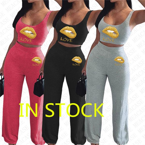 

женщины два кусочка эпикировка solid color designer letters lip печати жилет рукавов футболка crop top свободные брюки спортивный костюм спо, White
