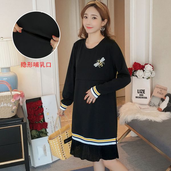 

7101# 2020 autumn casual black maternity nursing dress lacation mother breastfeeding clothes for pregnant women pregnancy, White