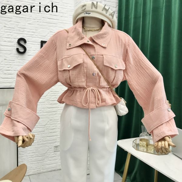

gagarich women blouse vintage long sleeve drawstring pockets solid turn-down collar casual high street safari style female, White