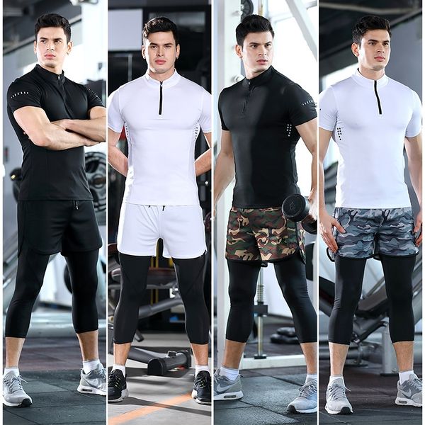 

new fitness suit men's high elastic breathable quick-drying capri pants training running two-piece suit summer basketball basketball, White;black