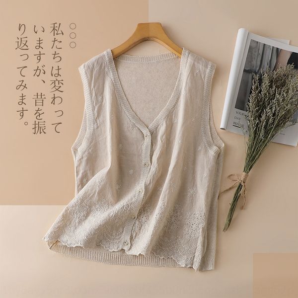 

190 (with cotton and ) sleeveless cotton and linen 2020 season loose vest knitted linen outer wear embroidered vest, Black;white