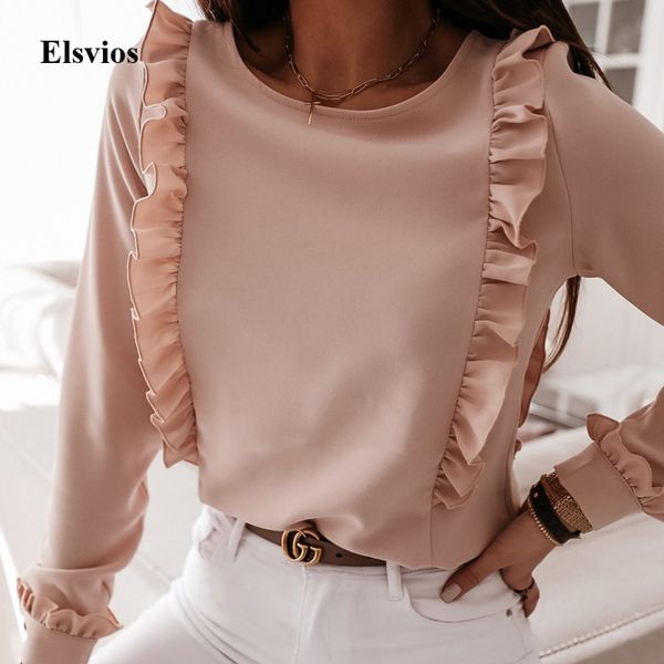 

spring autumn o neck ruffle blouse shirts elegant office lady back metal buttons blouses casual women long sleeve blusa 3xl, White
