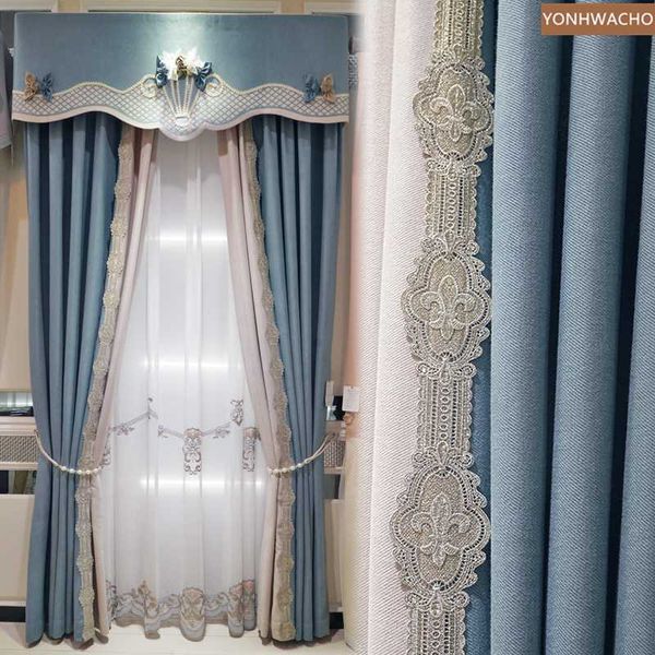 

custom curtain light luxury elegant modern simple living room bedroom blue cloth blackout curtain valance tulle panel c257