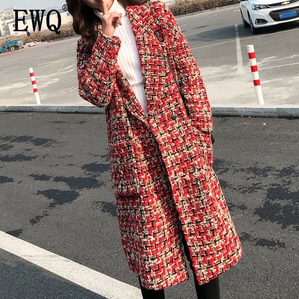 

[ewq] 2020 autumn winter high qualiyt v-collar long sleeve plaid patchwork high street thick tweed coat fashion tide ah40803xl, Black
