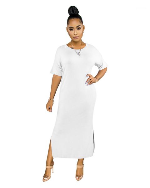 

designer dresses 5xl plus size womens dresses solid color split slim o neck short sleeve summer womens, Black;gray