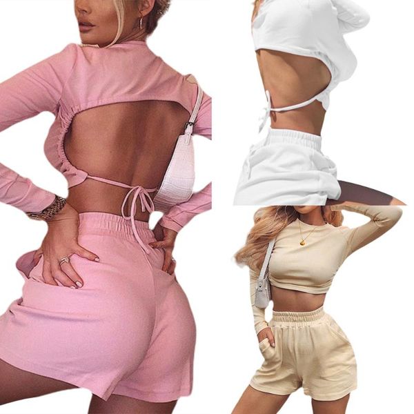 

women's tracksuits brand women solid 2pcs sports suit casual tracksuit long sleeve backless crop +high waist shorts pant clothes set, Gray