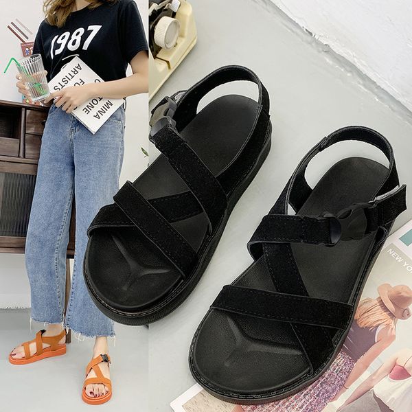 

sandals 2021 summer women casual shoes leather ladies flat sandal soft bottom slip on handmade woman, Black