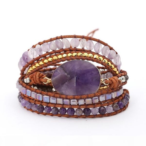 

drop shipping natural stones crystal quartz charm 5 strands wrap bracelets handmade boho bracelet women leather bracelet mx190726, Golden;silver