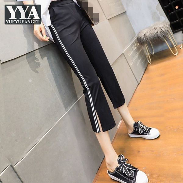 

women's pants & capris summer thin section women sweatpants fashion split elastic waist calf length striped flare female street casual, Black;white