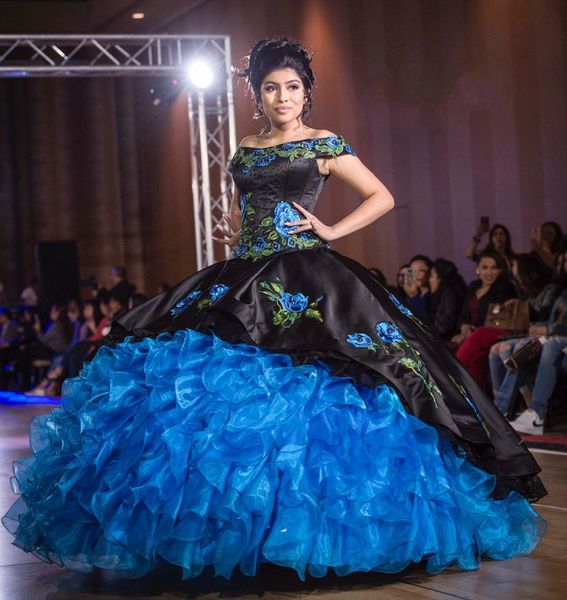 

vintage blue quinceanera dresses mexican embroidery satin organza tiered ruffles sweet 16 dress 2020 off the shoulder corset back party gown, Blue;red
