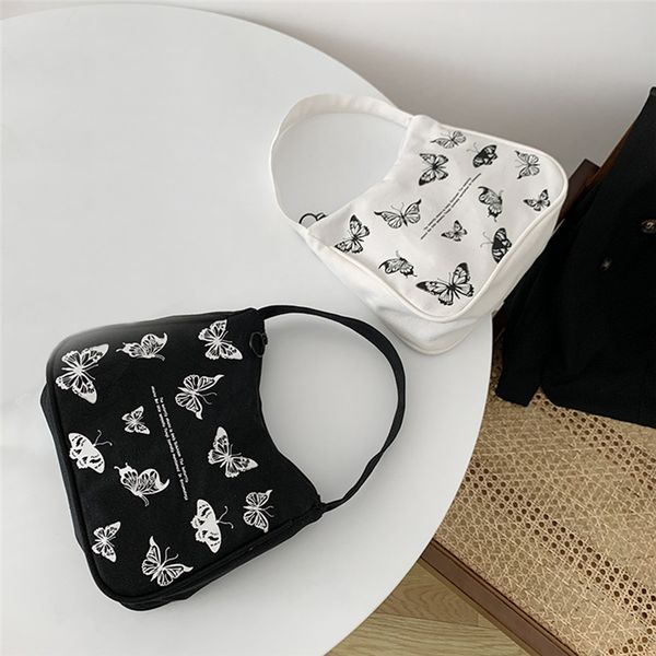 

spring women canvas tote small handbag butterfly print ladies fashion underarm bag zipper half moon bags cotton cloth purse
