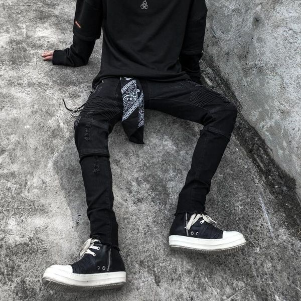 

men ripped skinny biker jeans black washed destroyed denim jeans hip hop pin pleated slim fit pencil urban clothing, Blue