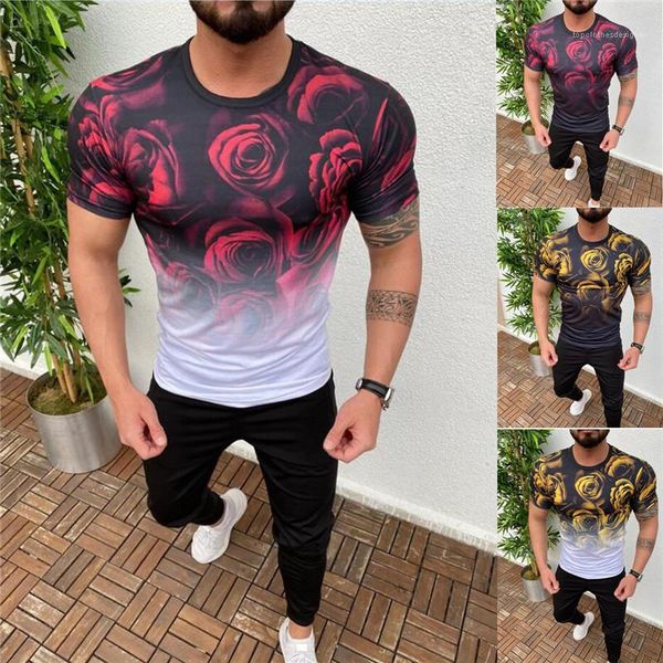 

floral mens tshirts slim o neck short sleeve casual summer mens designer tshirts male tees 3d rose, White;black
