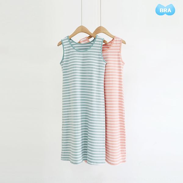 

19 women's cotton lengthened vest night dress home clothes dress home clothes women's belt chest pad stripe large size base, Blue;red