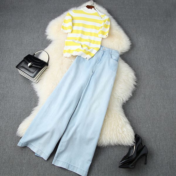 

2020 summer short sleeve stand neck striped knitted panelled + denim wide leg jeans trousers pants two piece 2 pieces set lq2511124, White