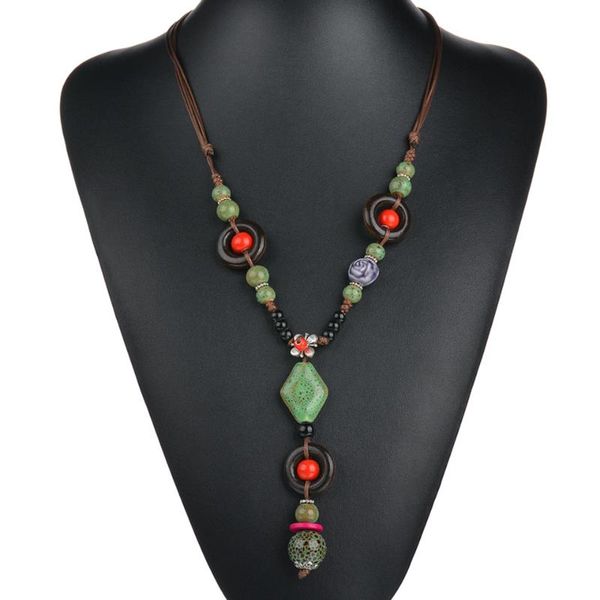 

new 3 color boho hand-weaving rope chain ceramic pendant&necklace women's collar stone wood beads necklace for women jewelry, Silver