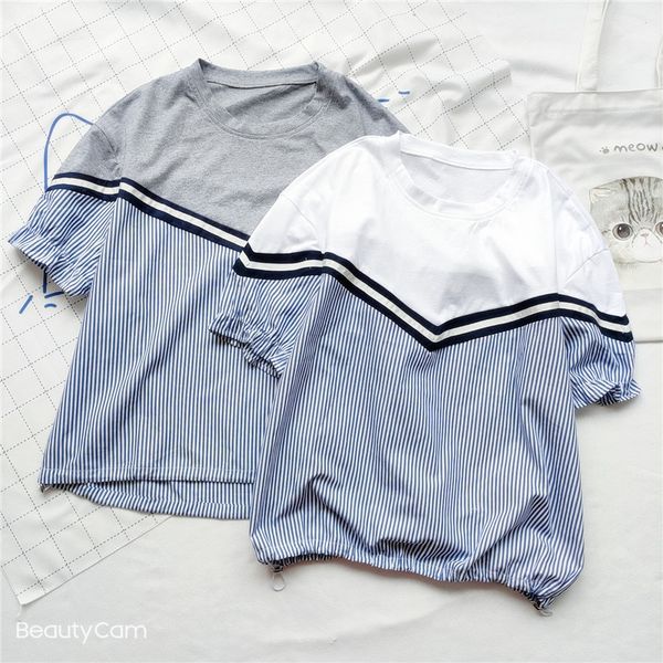 

women loose vertical stripes splice round neck blouse summer female cotton petal sleeve casual thin shirts preppy style, White