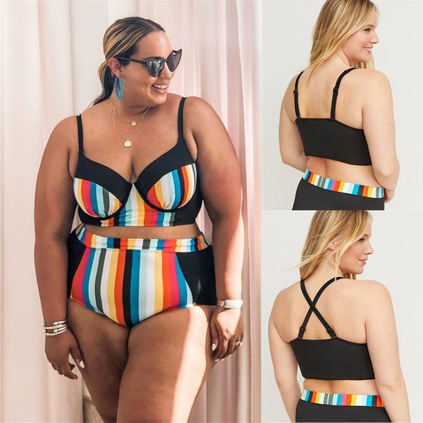 

plus size swimwear push up women swimsuit bikini set large size rainbow large size high waist swimming bathing suit biquini 5xl, White;black