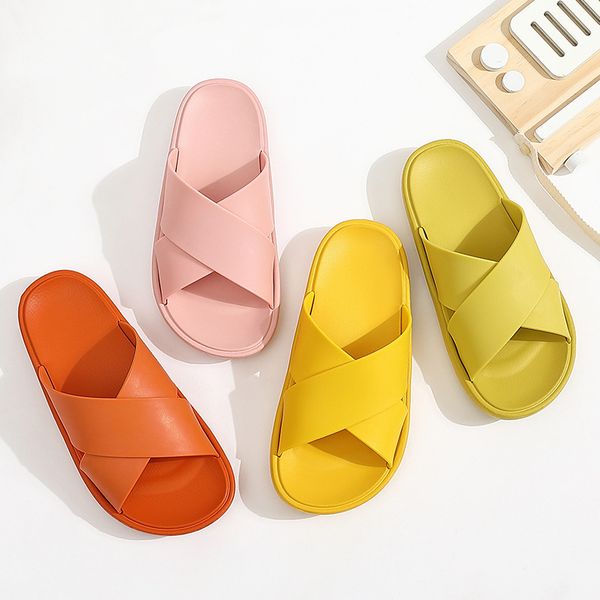 

trend cross belt summer slippers women flats non-slip bathroom slippers solid eva indoor slides lovers home shoes female, Black