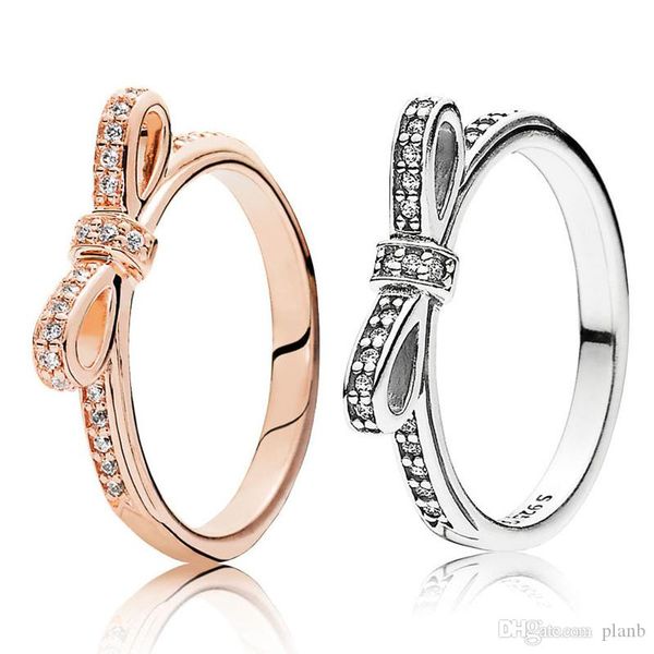 

925 sterling silver sparkling bow ring set original box for pandora grain women wedding cz diamond bowknot 18k rose gold ring, Slivery;golden