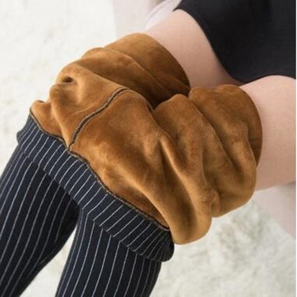 

2020 winter casual warm leggings for women high waist vertical stripes printed pencil pants thickening skinny trousers p9103, Black