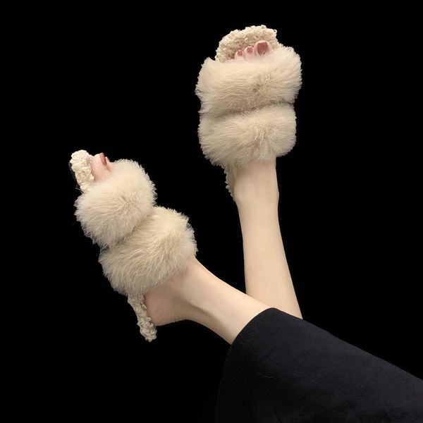 

female shoes slippers flat flock slides fur flip flops fashion 2020 soft plush summer luxury rubber fabric rome basic cotton, Black