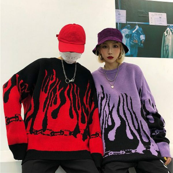 

Men Sweater 2020 Autumn Winter Harajuku Flame Knitting Loose Long Sleeve Sweater Contrast Color Japan Style Streetwear Pullover Crew Neck
