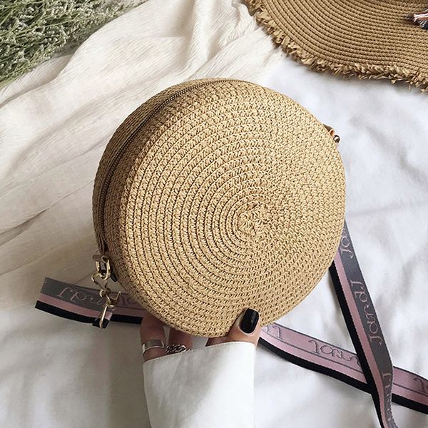 

women handmade hangbag fashion straw weave round bag small summer beach travel shoulder bag casual style retro cross body bag