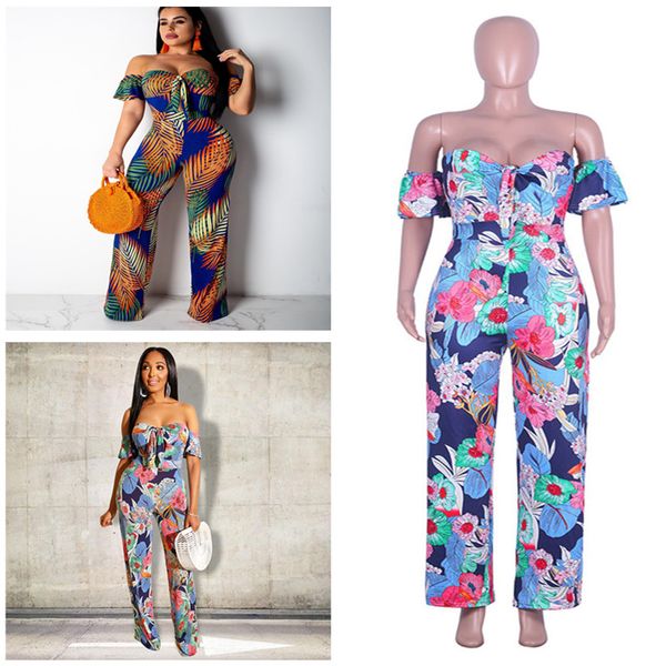 

fashion women jumpsuit off shoulder backless rompers bohemian designer floral print jumpsuits summer one-piece bodysuit night club romper, Blue