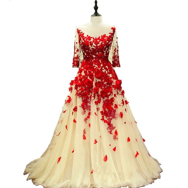 

champagne tulle evening dress bateau neck half sleeves red carpet event evening gowns lace appliques 3d flower prom dresses, Black;red