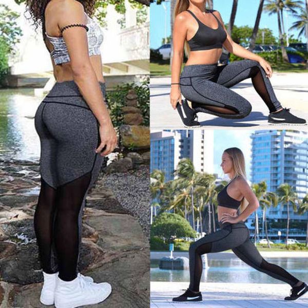 

2020 solid calf under the whole net yarn stitching legs new leggings pants women black mesh lace push up slim trouser