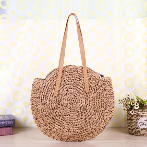 

round straw beach vintage handmade woven shoulder bag circle rattan bags bohemian summer vacation casual big capacity