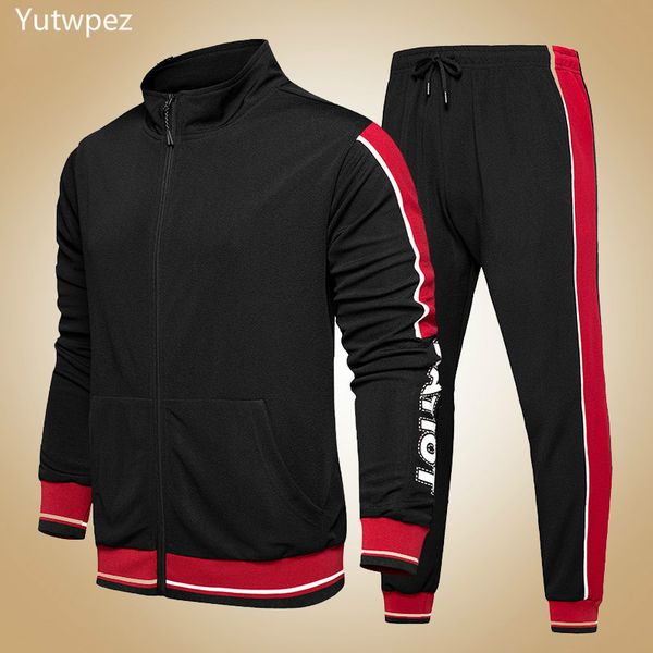

2 pieces sets tracksuit men spring autumn zipper sweatshirt +elastic pants male stripe patchwork slim fit cool running sweatsuit, Gray
