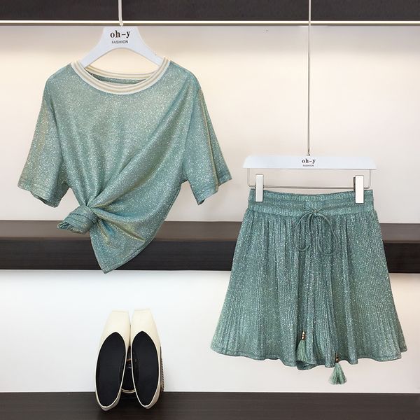 

hamaliel sweet summer two piece set fashion women green bling short sleeve loose t-shirt suits + pleated wide-leg shorts set, Gray
