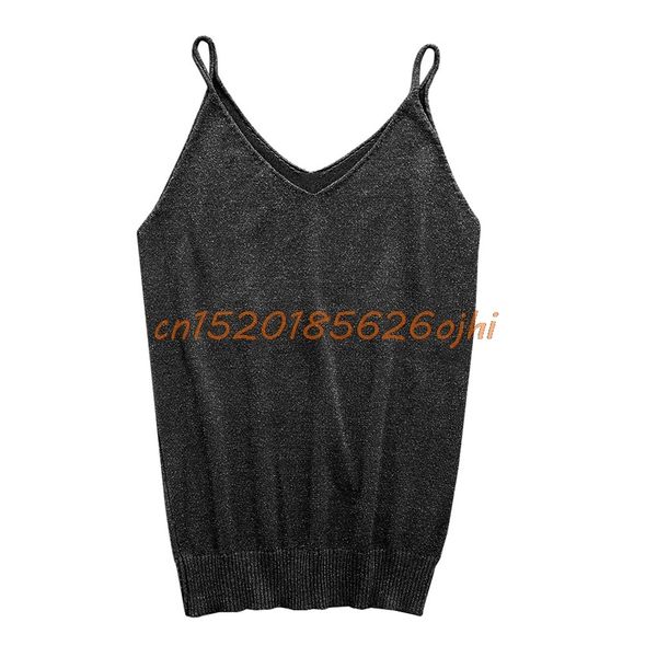 

glittering vest knitted women camisole vest stretchable v neck slim strappy tank uns-okle, Black;blue