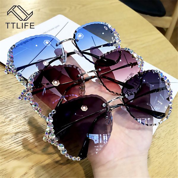 

ttlife 2020 rimless women sunglasses luxury rhinestone vintage bling sun glasses shades for women gafas de sol mujer uv400, White;black