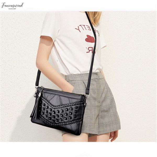 

new brand genuine leather women shoulder black bags rivet tassel punk woman soft bag handbags messager bag