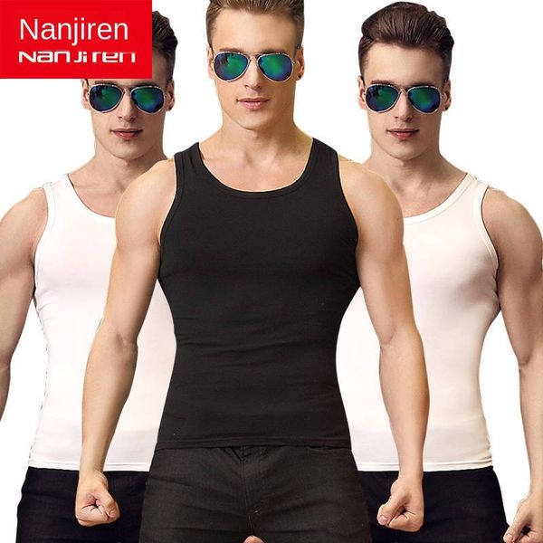 

nanjiren men' vest men' cotton slim fit seamless thread elastic breathable sports i-shaped vest fitness, White;black