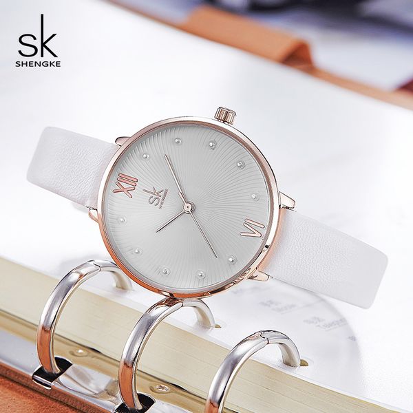 

shengke creative pearl dial women quartz watch white leather ladies wrist watch reloj mujer 2019 women's day gift watches