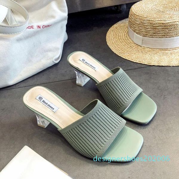 

summer fashion slippers womens knitting casual shoes woman transparent heel flip flops slip on outer wear slippers d06, Black