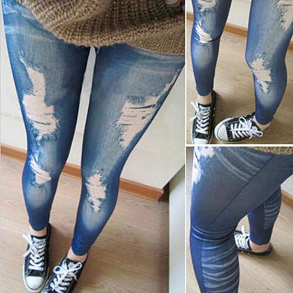 

women leggings blue black korean slim false hole imitation ankle-length jeans fitness leggins
