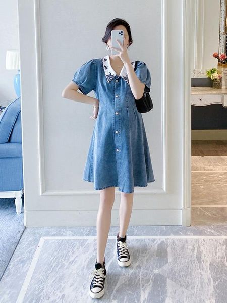 

2020 pregnant women summer wear short sleeve peter pan collar blue computer cable lock mid-length kai shan qun fashion pregn, White