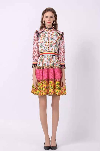 

europe and the united states brand temperament women's ruffle collar long sleeve slim fashion printed cake skirt dress, Black;pink