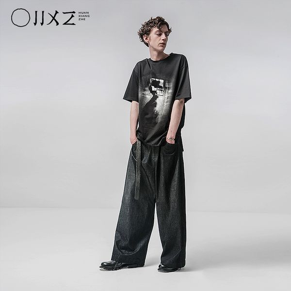 

huanxiangzhe] 2020 straight pants harajuku jeans mens denim wide leg jeans trousers, Blue