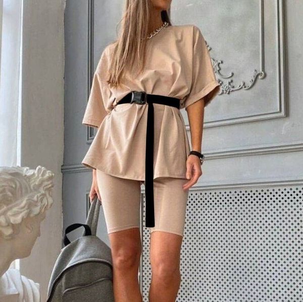 

fashion casual solid new women's two piece suit including belt solid color home loose sports fashion leisure suit summer #38, Gray