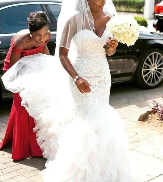

2020 mermaid wedding dresses sweetheart neckline lace applique plus size ruffles crystal beaded wedding bridal gown vestido de novia, White