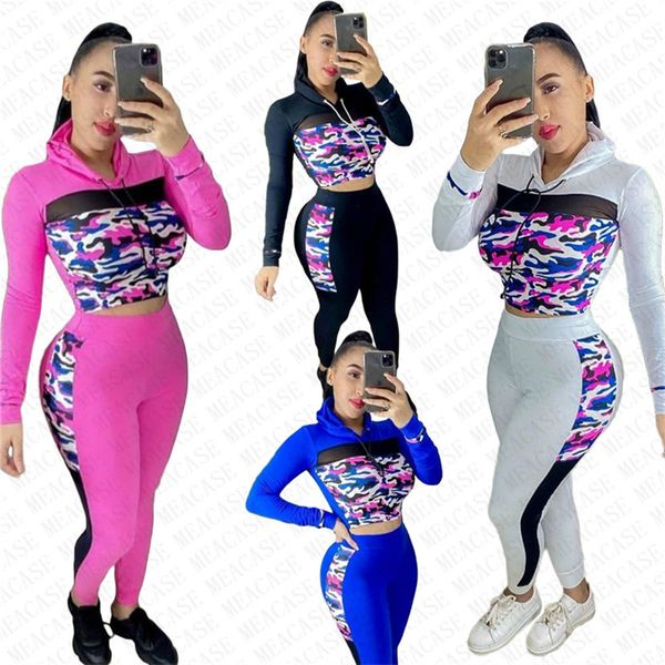 

2020 women tracksuit designer outfit mesh patchwork camouflage hoodies hooded pants leggings 2 pieces set autumn sports suit d72811, White